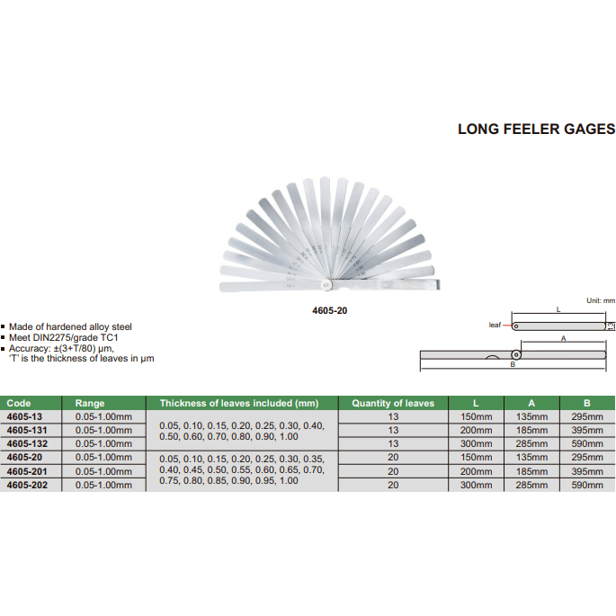 200 mm Long Insize Feeler Gauge Range 0.05-1mm Series 4605-131 - Twin Eagle Imports