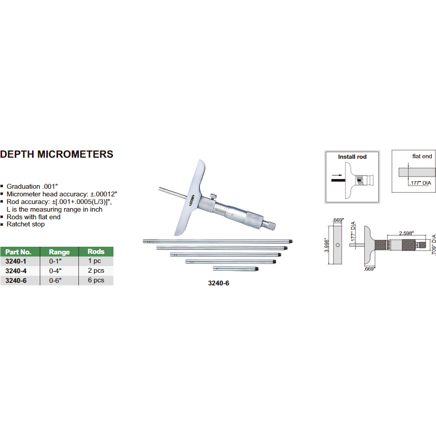 Insize Imperial Depth Micrometer 0-4" Range Series 3240 - 4