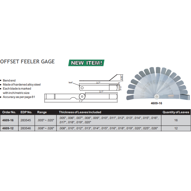 Insize Offset Feeler Gauge 0.008-0.026" Range Series 4609-12