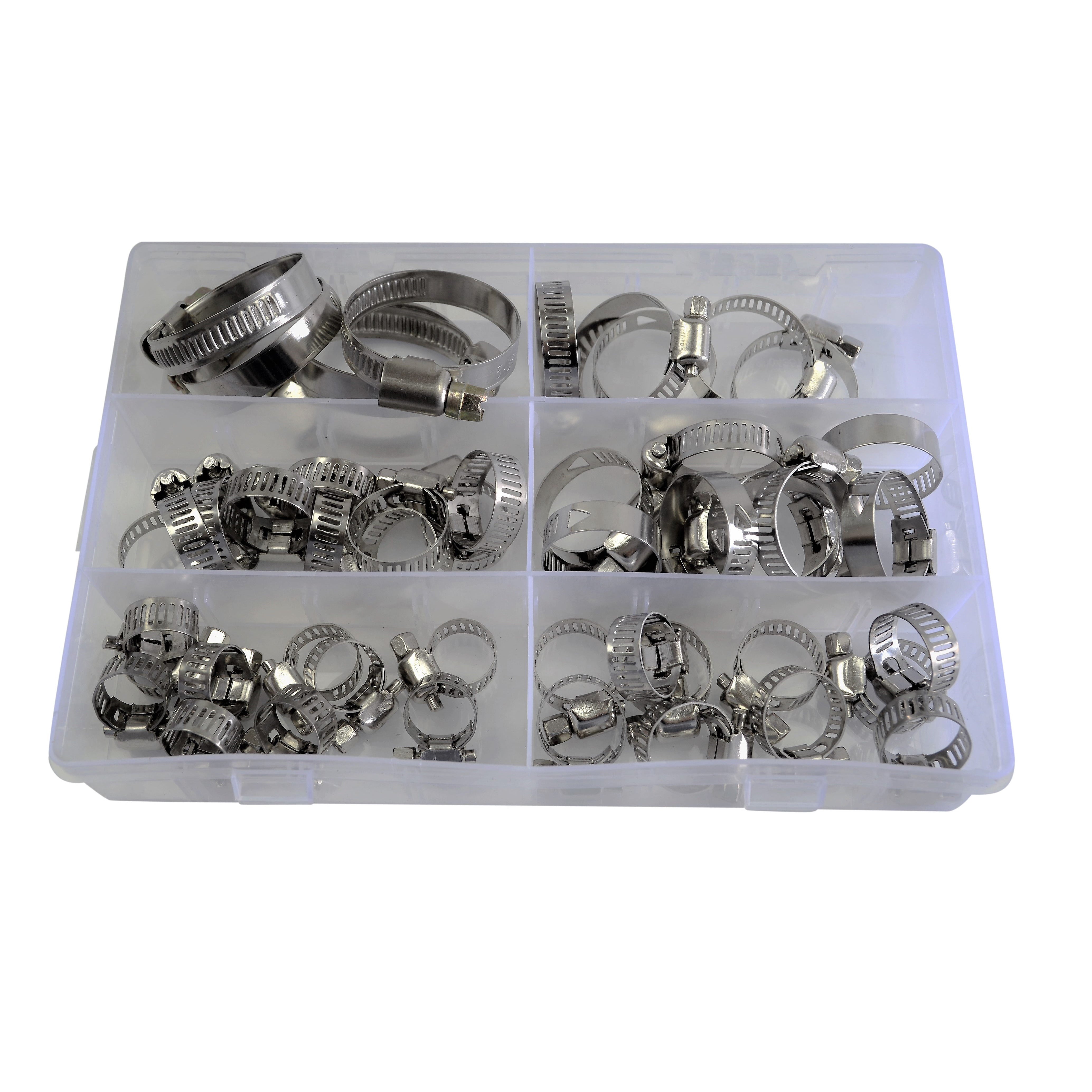 stainless steal adjustable range worm gear hose clamp kit 6 sizes set includes 50pcs 8-38mm cooling parts accessories hex head screw easy use