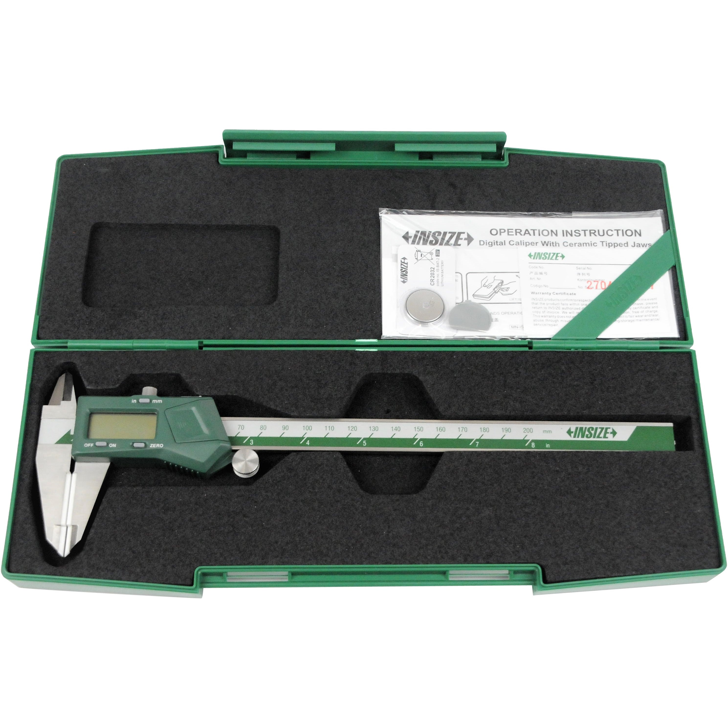 Insize Digital Caliper With Ceramic Tipped Jaws 0-200mm/0-8" Range Series 1193-200