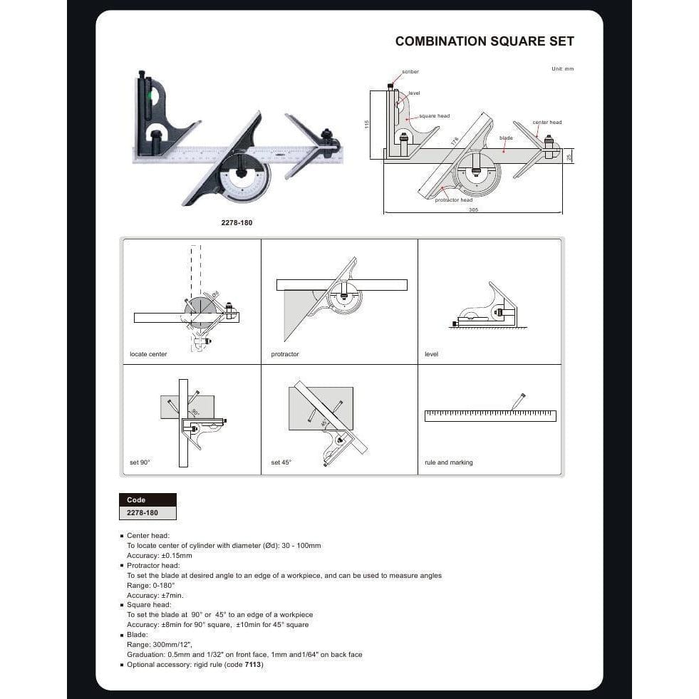 Insize Combination Square Set Layout Solution 2278-180 - Twin Eagle Imports