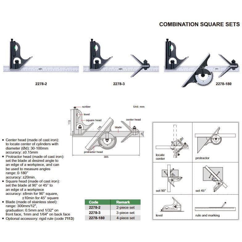 Insize Combination Square Set Layout Solution 2278-2 - Twin Eagle Imports