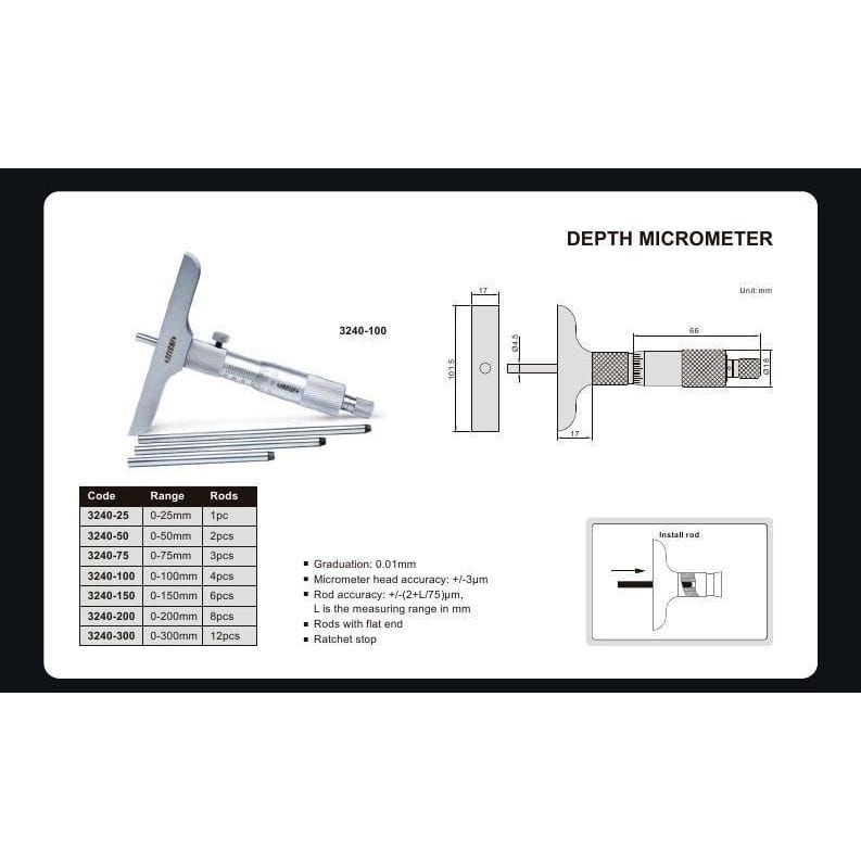 INSIZE Depth Micrometer Insize Metric Depth Micrometer 0-150mm Range Series 3240 - 150