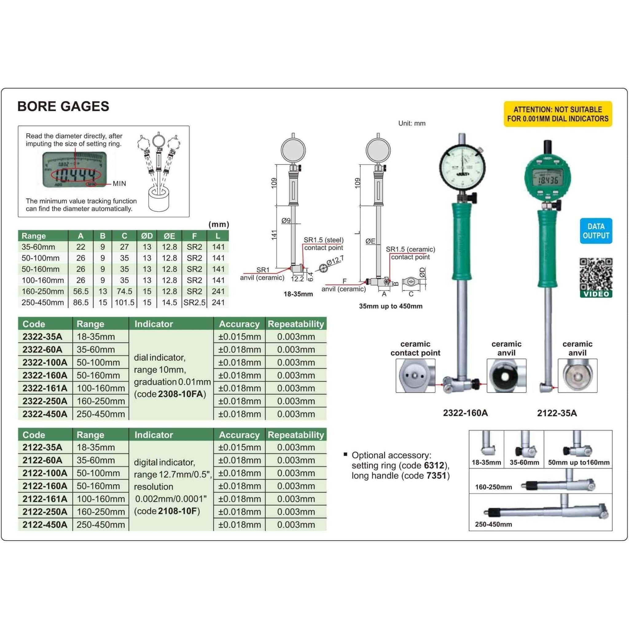 Insize Digital Bore Gauge 50-160 mm Range Series 2122-160A - Twin Eagle Imports