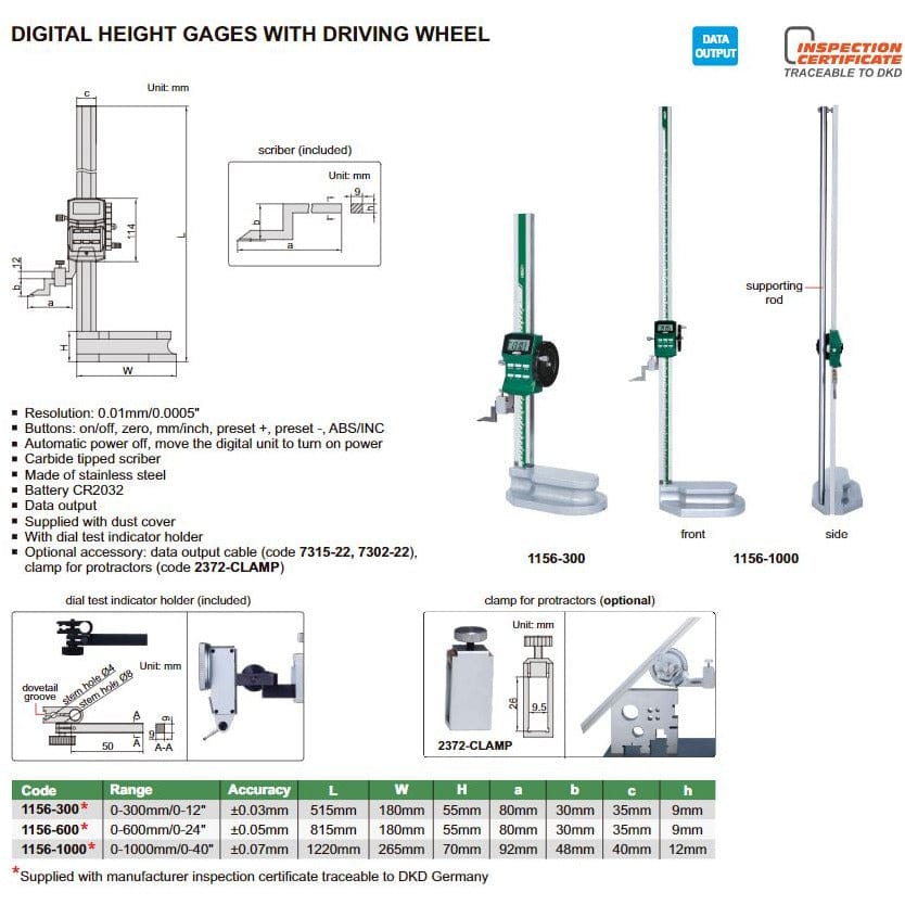 Insize Digital Height Gauge 0-300mm / 0-12" Range Series 1156-300 - Twin Eagle Imports