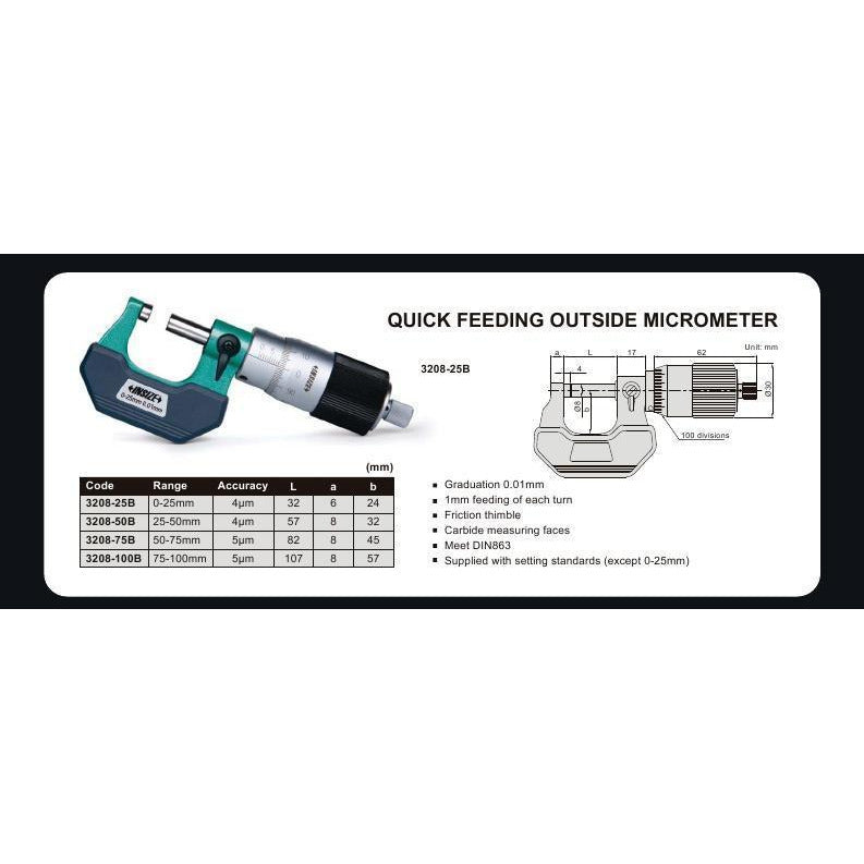 Insize Outside Micrometer Quick Feeding 3208 - 25B 0-25mm