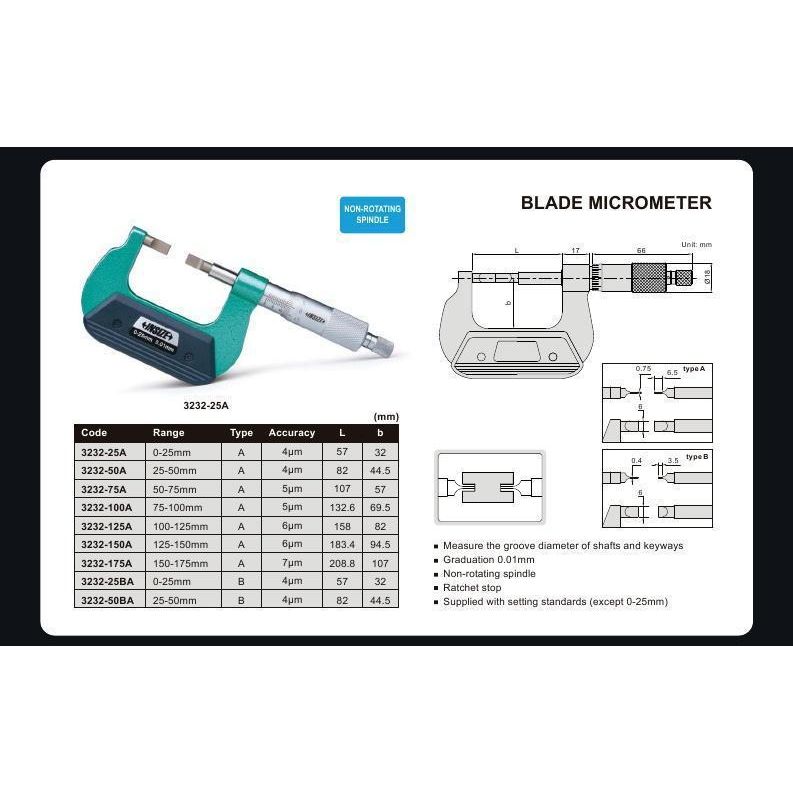 Insize Imperial Outside Blade Micrometer 1-2" Range Series 3232-2