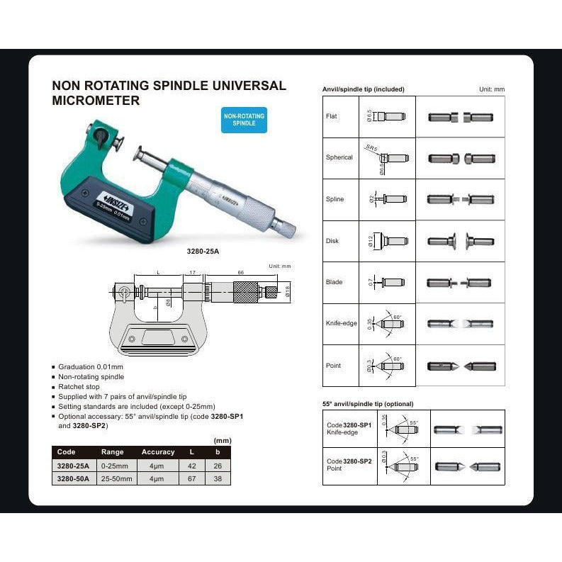 Insize Non-Rotating Micrometer with Anvil/spindle tips 0-1" Range Series 3280-1