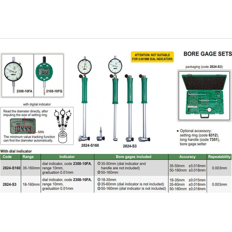 INSIZE Manufacturing Insize Mechanical Bore Gauge 35-160 mm Range Series 2824-S160