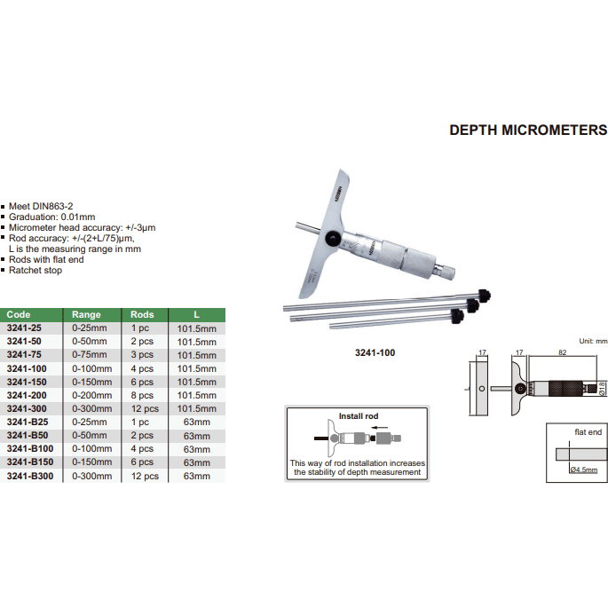 INSIZE Measuring Equipment Insize 8pc Metric Depth Micrometer 0-200mm Range Series 3241-200