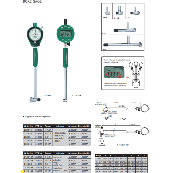 INSIZE MEASURING EQUIPMENT Insize Digital Bore Gauge 10-16" Range Series 2123-16A