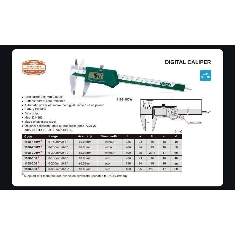 INSIZE Measuring Equipment Insize Digital Caliper  0-300mm / 0-12" Range Series 1108-300