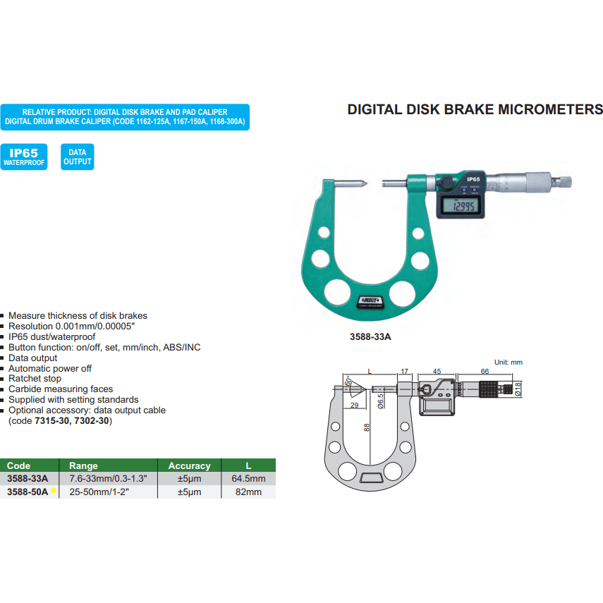 INSIZE Measuring Equipment Insize Digital Disc Brake Micrometer 25-50mm Range Series 3588-50A