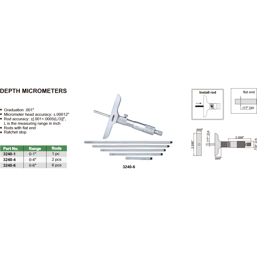 INSIZE Measuring Equipment Insize Imperial Depth Micrometer 0-4" Range Series 3240 - 4