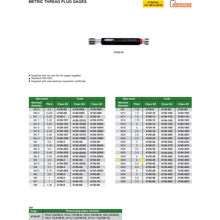 INSIZE MEASURING EQUIPMENT Insize Thread GO NOGO Plug Gauge M39x4mm Series 4130-39