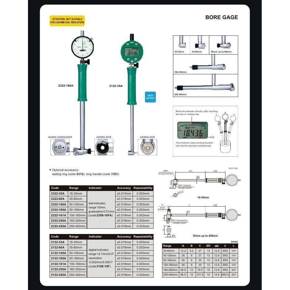 Insize Mechanical Bore Gauge 160-250 mm Range Series 2322-250A - Twin Eagle Imports