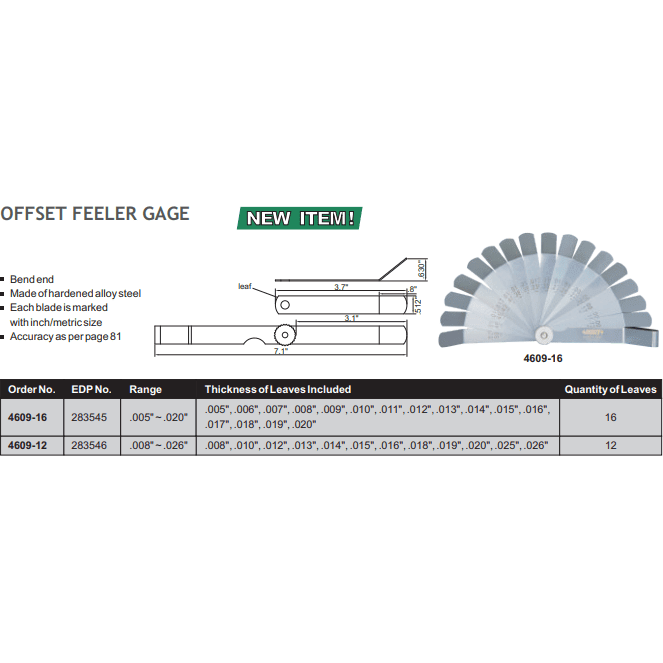 Insize Offset Feeler Gauge 0.005-0.02" Range Series 4609-16 - Twin Eagle Imports
