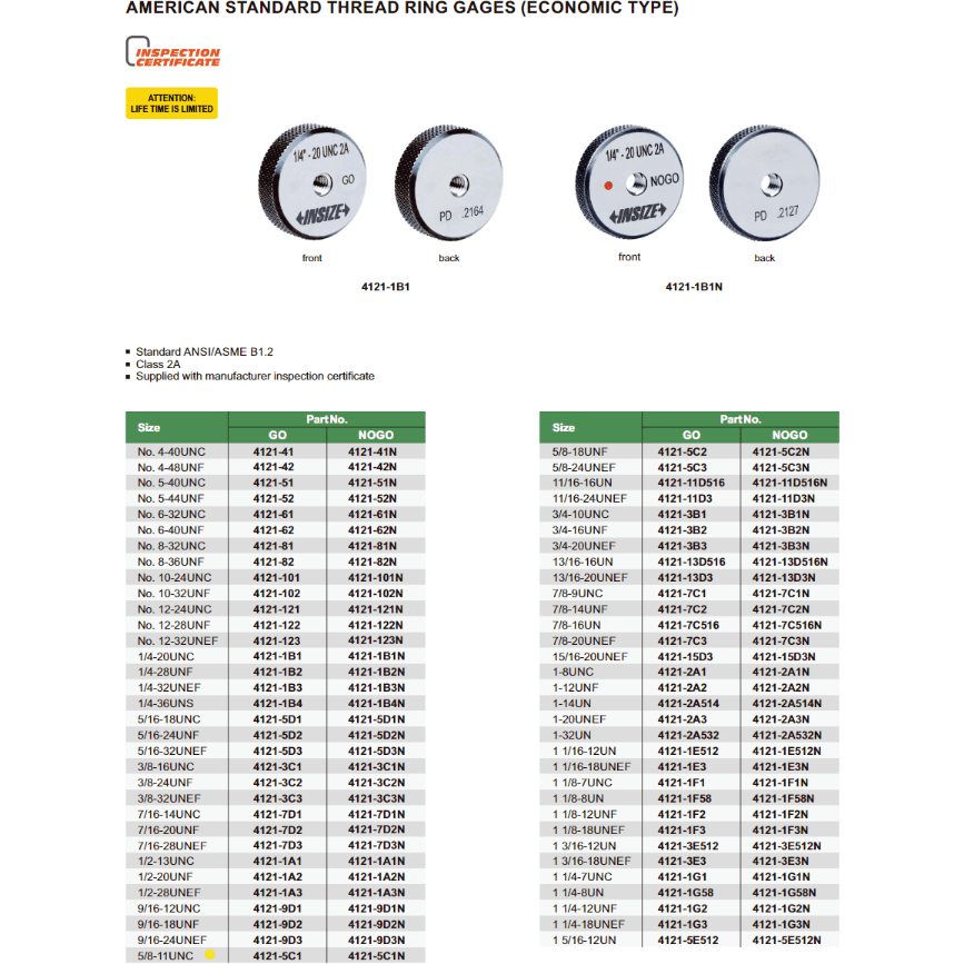 Insize Thread GO Ring Gauge 5/8"-11 UNC Series 4121-5C1 - Twin Eagle Imports